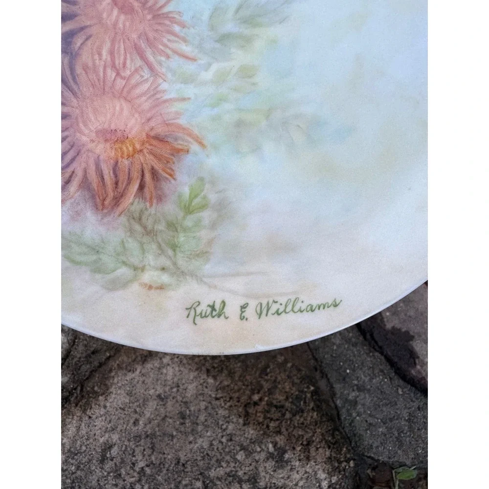 Ruth E Williams Hand Painted Porcelain Floral Plate Orange Chrysanthemum 8.5